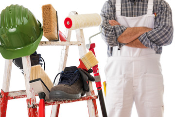 Professional house painter, tools and work equipment. © francescomou