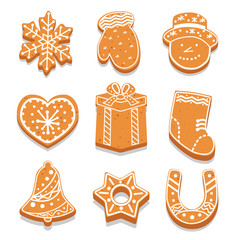 Set of decorated gingerbread cookies different shape, holiday treat, snowflake, mitten, snowman, heart, vector illustration