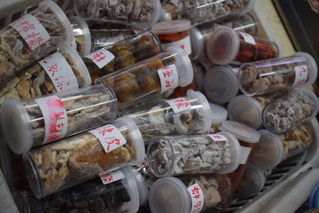 Dried Chinese medical mushrooms sold at the streets of Hong Kong China