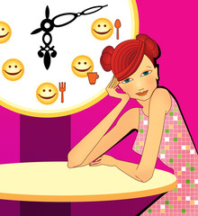 Girl on a diet. At the table on the background of the clock with the image of cutlery. Fractional food.