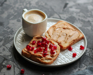 sandwich, pomegranate, peanut butter (sweet snack). Top Food background