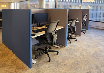 Empty Office Interior With Chairs, Computers, Desktops