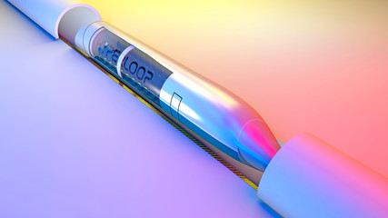 Hyperloop. Sezione 3d del treno, sedili. Tecnologia futuribile per il trasporto ad alta velocità di merci e passeggeri all'interno di tubi a bassa pressione. 3d rendering © Naeblys