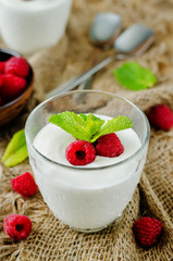 Greek yougurt with fresh raspberries and mint