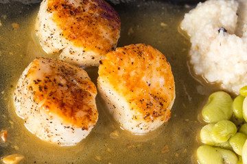 Sauteed Scallops in Wine Sauce with Lima Beans and Grits