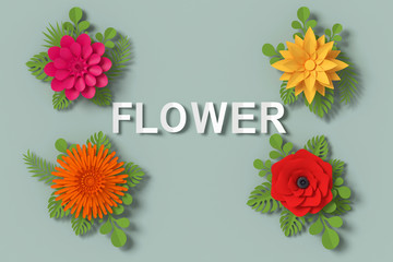 Flower paper style, colorful rose, paper craft floral, 3d rendering, with clipping path