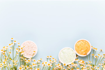 Chamomile aromatherapy theme , handmade cosmetic. space for textessential  and medical flowers herbs