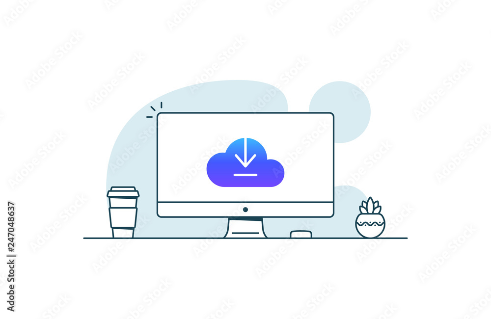 Poster cloud upload icon on computer screen. vector illustration in line art style