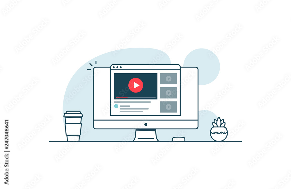 Poster video service concept. computer with open browser and video player. vector illustration in line art 