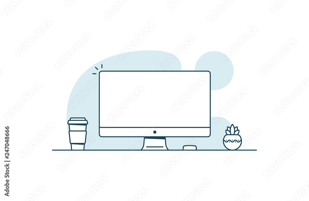 Fototapete personal computer with blank screen. workspace with computer, coffee cup and plant. vector illustrat