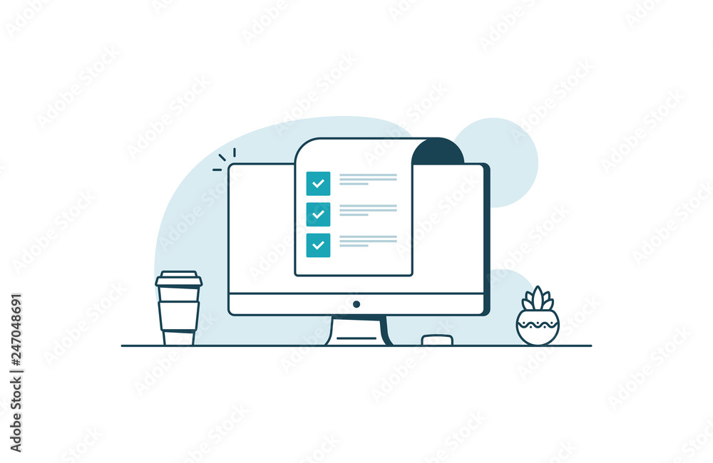 Poster computer with checklist. workspace with computer, coffee cup, plant and paper with checkboxes. vecto