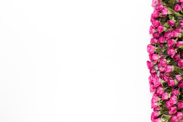 Flowers composition. Frame made of red rose on white wooden background. Flat lay, top view, copy space.