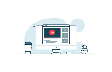 Video service concept. Computer with open browser and video player. Vector illustration in line art style - obrazy, fototapety, plakaty