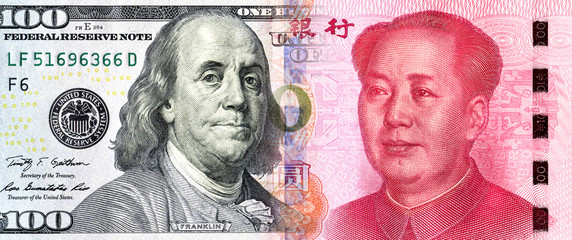 American dollar smoothly into the Chinese yuan - obrazy, fototapety, plakaty