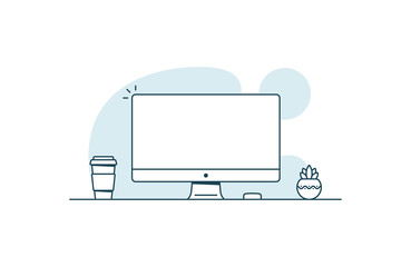 Personal computer with blank screen. Workspace with computer, coffee cup and plant. Vector illustration in line art style