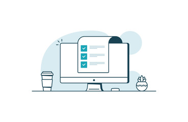 Computer with checklist. Workspace with computer, coffee cup, plant and paper with checkboxes. Vector illustration in line art style