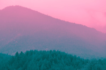 Beautiful mystic mountains sunset landscape. Mystical alpine morning, sunrise in violet and pink...
