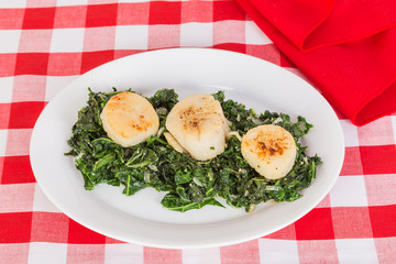 Sauteed Scallops on bed of Braised Spinach on Red Plaid BG