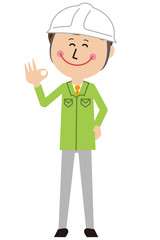 ポップな緑の制服の作業員　男性 OKポーズ