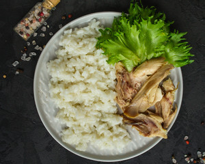 rice and chicken meat. diet food. food background. copy space