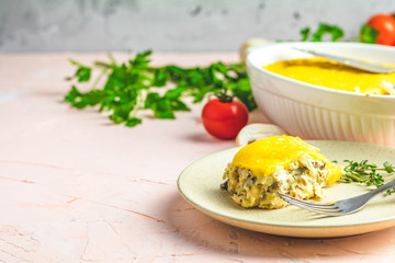 Gratin, julienne or casserole in bechamel sauce