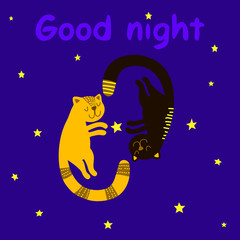 Cute sleeping cats on the starry sky with the inscription good night