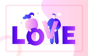 Valentines day romantic people couple of man and woman lovers in gradient pink and violet colors flat style design concept with big modern characters. Love web banner