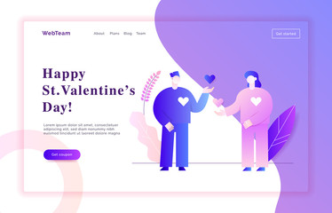 Valentines day romantic people couple of man and woman lovers in gradient pink and violet colors flat style design concept with big modern characters. Love web banner