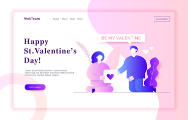 Valentines day romantic people couple of man and woman lovers in gradient pink and violet colors flat style design concept with big modern characters. Love web banner