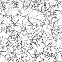 Abstract seamless pattern of randomly arranged contours of stars in black and white colors