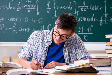 Young male student studying math at school