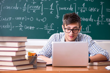 Young male student studying math at school