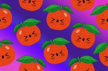 Kawaii fruits seamless pattern mandarin neon