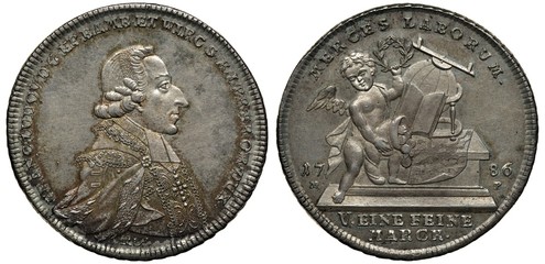 Germany German Würzburg silver coin 2 two thalers 1786, ruler Franz Ludwig von Ertal, bust in rich...