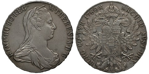 Austria Austrian silver coin 1 one thaler 1780, original issue, bust of Empress Maria Theresa right, eagle with two heads and crowned shield on chest, crown with ribbon above,  - obrazy, fototapety, plakaty