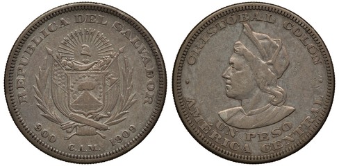 Salvador Salvadoran silver coin 1 one peso 1909, arms, shield with mountain and sun in front of...