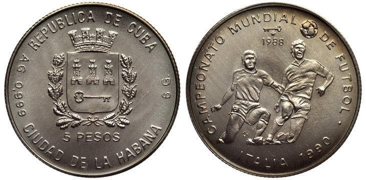 Cuba Cuban Silver Coin 5 Five Peso 1988, Subject Soccer, Arms, Shield With Palm Tree And Radiant Sun Above Bay Flanked By Oak And Laurel Sprigs, Two Players With Ball