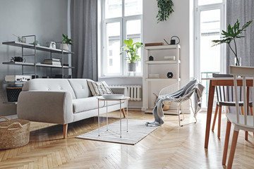 Stylish home nordic living room with design sofa, family table, plant, white and grey bookstand on...