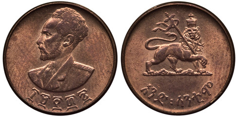 Ethiopia Ethiopian copper coin 1 one cent 1936, uniformed bust of Emperor Haile Selassie, crowned...