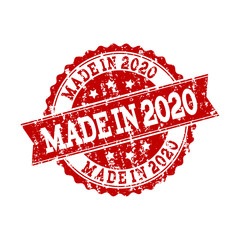 Grunge red MADE IN 2020 stamp seal. Vector MADE IN 2020 rubber seal with scratced surface. Isolated red colored watermark on a white background.