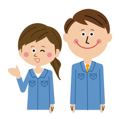 ポップな青い制服の作業員　男女　挨拶