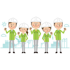 ポップな緑の制服の作業員がみんなでガッツポーズ