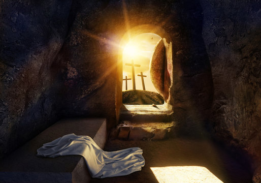 He is Risen. Empty Tomb With Shroud. Crucifixion at Sunrise. The illustration contains 3d elements.
