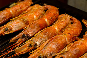 large shrimp red group of langoustine grill red chitinous shell with long whiskers background design
