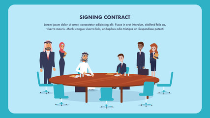 Fototapeta na wymiar Illustration Two Man Signing Contract Cooperation. Flat Vector Banner Man Arab and Guy in Suit Sit at Round Wooden Table. Woman Holds Folder with Document. International Partnership Company.