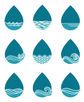 collection of water drop icons isolated on white background