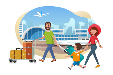 Happy Family Vacation Flight Cartoon Vector Concept Isolated on White Background. Father Pushing Baggage Trolley with Bags, Mother Holding Child by Hand while Hurrying to Boarding Plane in Airport