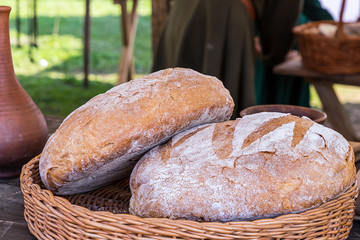 delicious fresh whole-grain bread useful two large round rolls traditional pastry europe rustic style