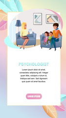Psychologist Practice Cartoon Vector Vertical Web Banner. Mother Sitting in Armchair, Visiting Doctors Office with Kids Illustration. Children Upbringing Online Consultation Landing Page Template