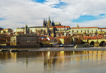 Fototapeta premium old historical city center Prague Castle view of the cathedral saint Vitas on the bank of the river of vltava. Prague Czech Republic March 2017